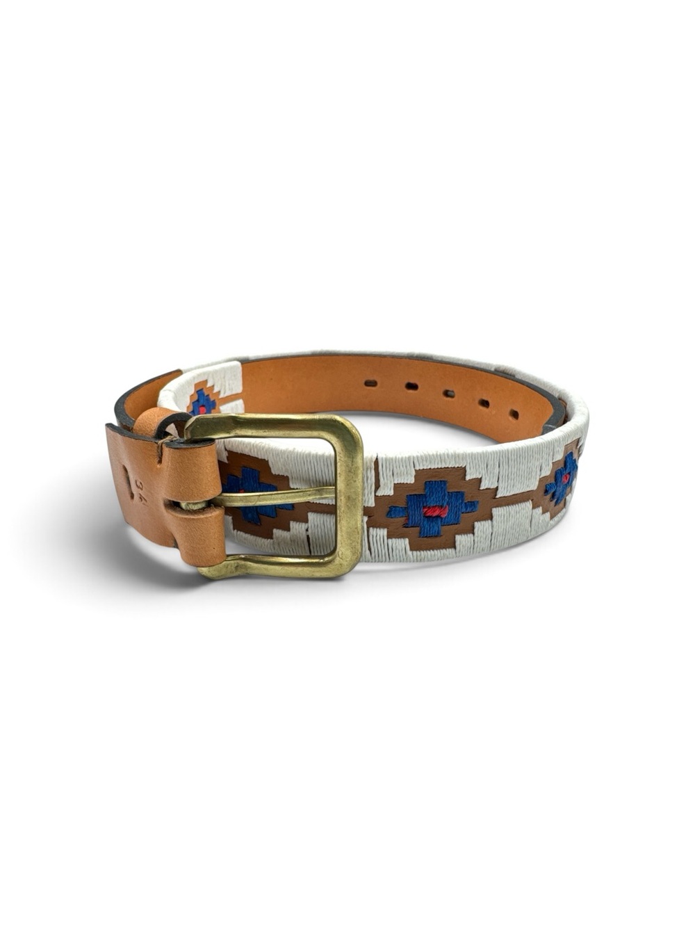 Zilker Argentine Polo Leather Belt Hand Stitched Geometric Brass Buckle Size 34